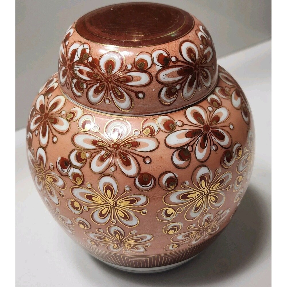 Vintage Japanese Kutani Ginger Jar Red Gold Hand Painted Floral Tanimine Signed